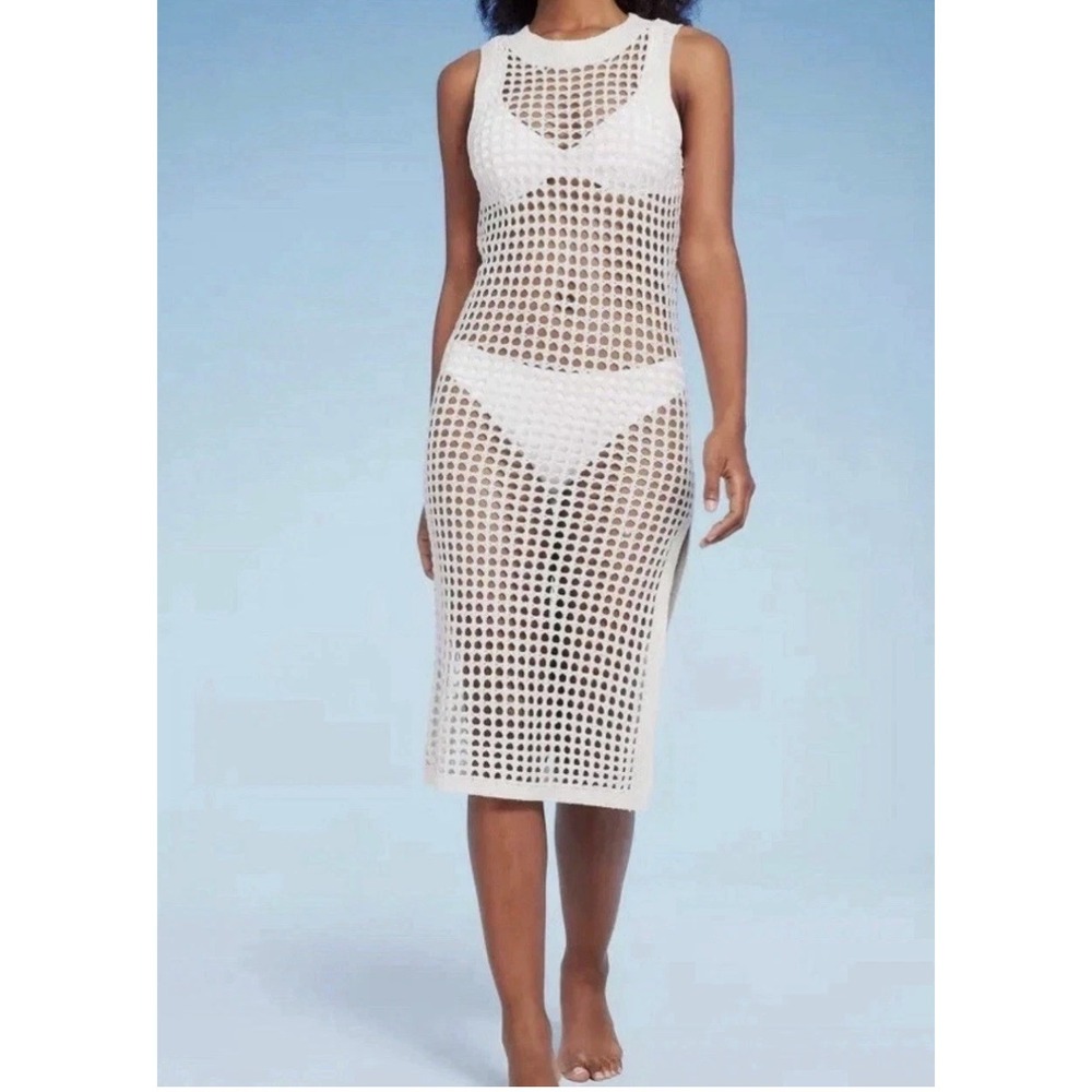 Shade & Shore Crochet Cover Up Midi Dress Womens XS White Beach Boho Resort